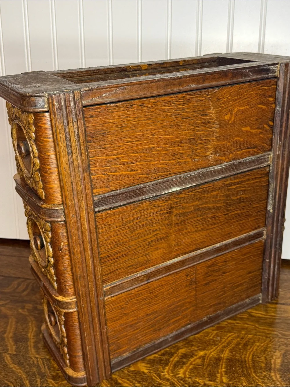 Antique Sewing Machine Drawer Cabinet: Carved Wooden Display Boxes, Ornate